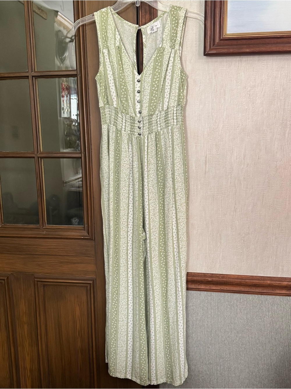 Japna Olive Green and White Striped Sleeveless Jumpsuit